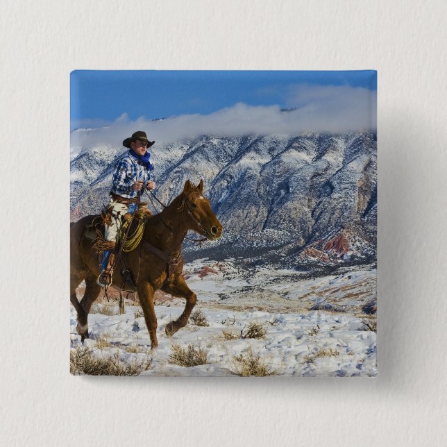 Cowboy on Horse wearing Leather Chaps 2 15 Cm Square Badge (Front)