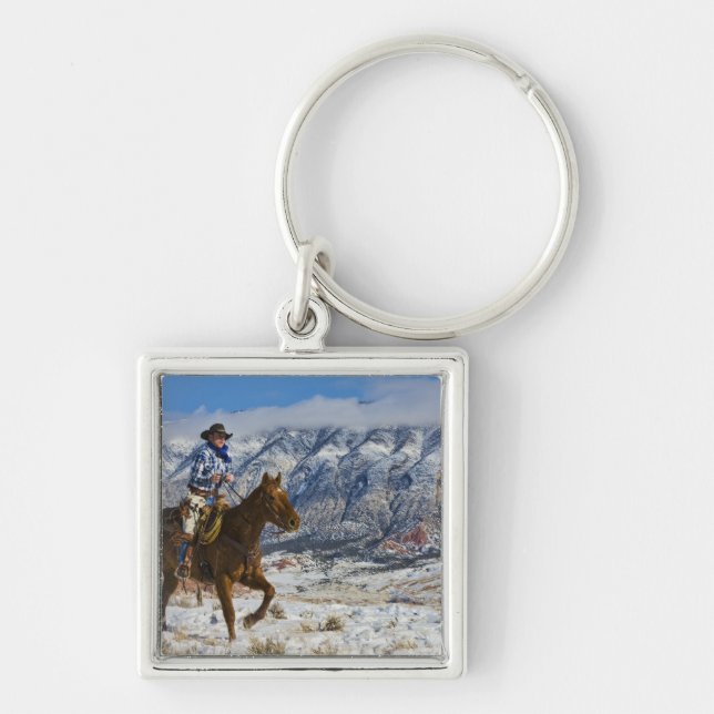 Cowboy on Horse wearing Leather Chaps 2 Key Ring (Front)