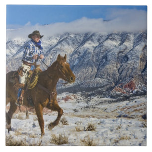 Cowboy on Horse wearing Leather Chaps Tile