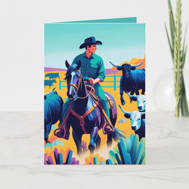 Cowboy On Horse With Cattle Personalised Card (Front)