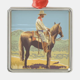 Cowboy on Horseback - Glacier National Park, Metal Tree Decoration