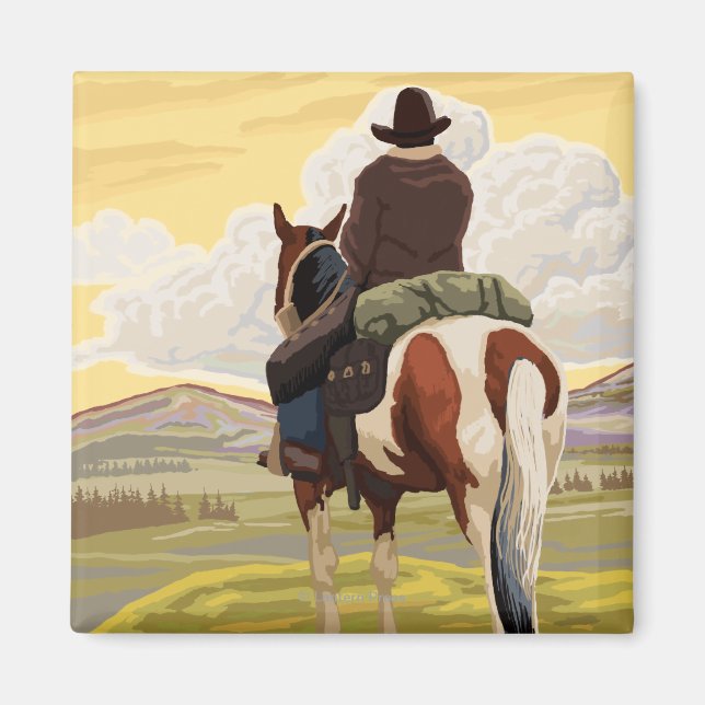 Cowboy on Horseback Vintage Travel Poster Magnet (Front)