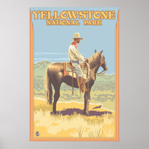 Cowboy on Horseback - Yellowstone National Park Poster