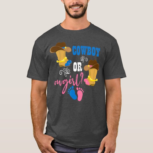 Cowboy or Cowgirl Pregnancy Baby Gender Reveal T-Shirt (Front)