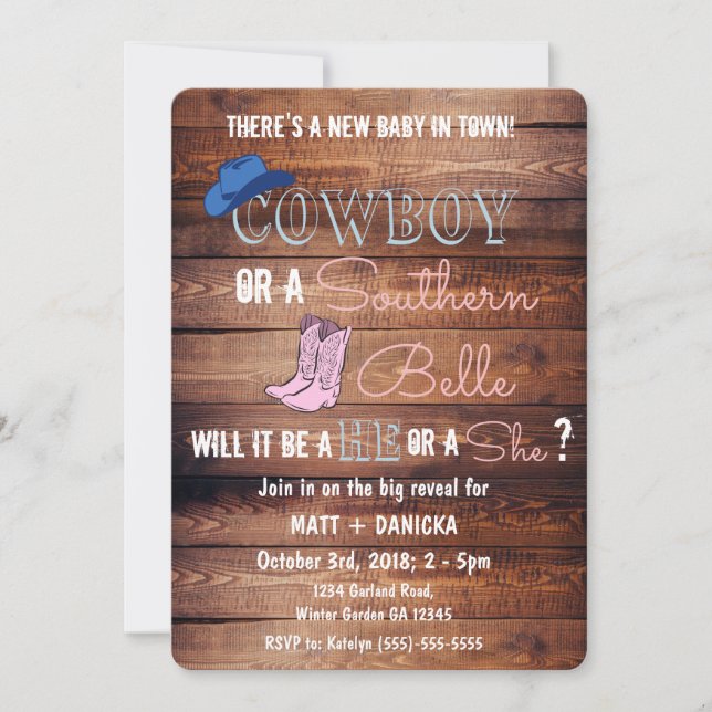 Cowboy or Southern Belle Gender Reveal Baby Shower Invitation (Front)