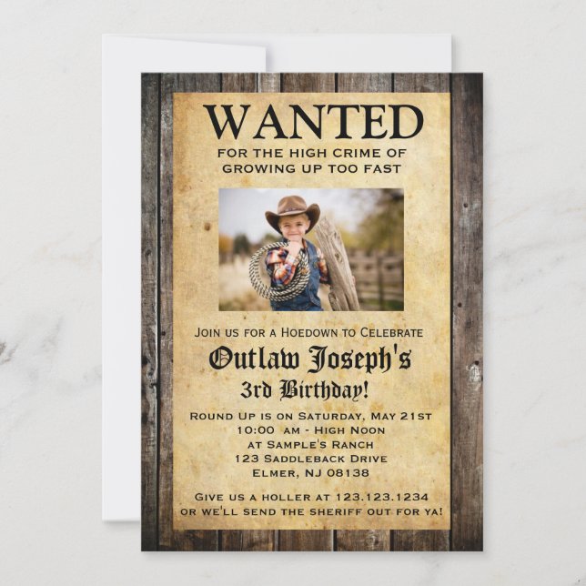 Cowboy Party Invitation | WANTED INVITATION (Front)