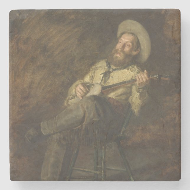 Cowboy Playing the Banjo and Singing Bluegrass Stone Coaster (Front)