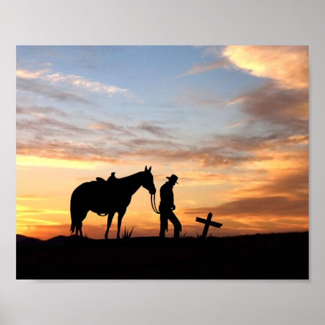 Cowboy Prayer Silhouette With Sunset Poster (Front)