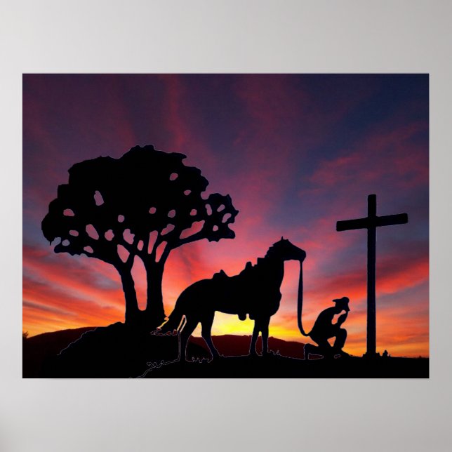 Cowboy Praying at the Cross Christian Western Art Poster (Front)