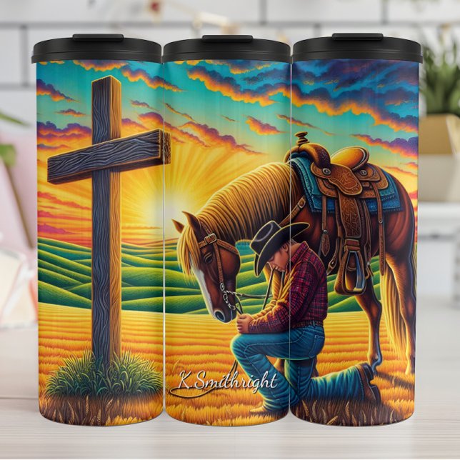 Cowboy Praying Horse Cross Sunset Thermal Tumbler (Creator Uploaded)
