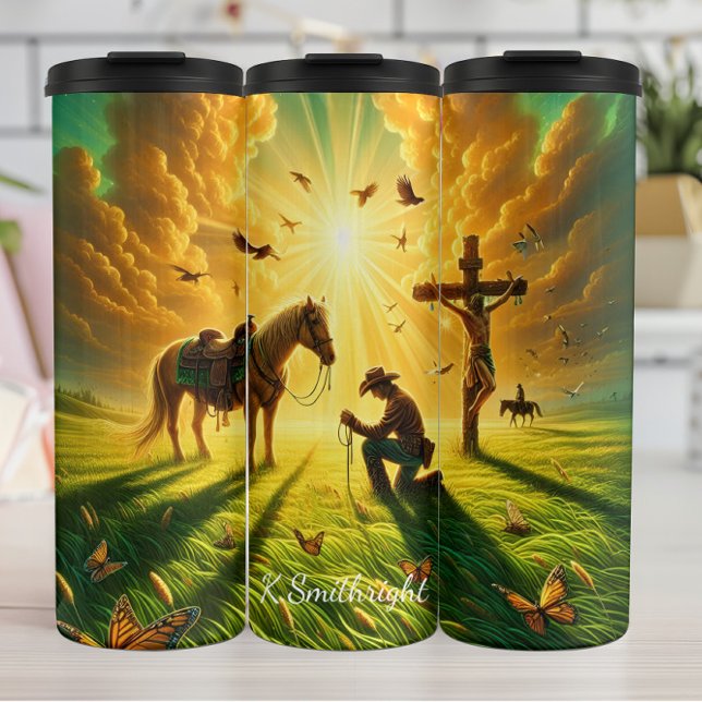 Cowboy Prays at Crucifixion Horse Pasture Thermal Tumbler (Creator Uploaded)