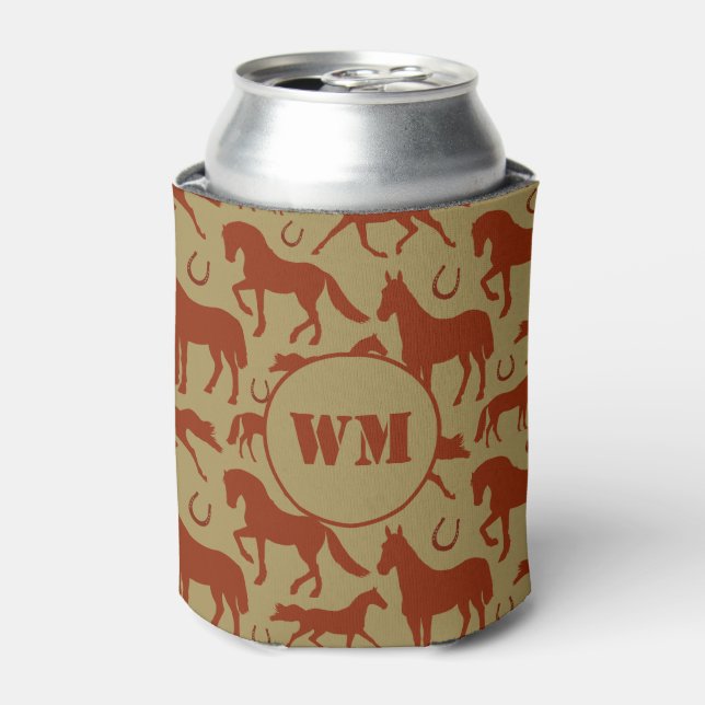 Cowboy Rancher Chestnut Brown Horses Monogram Can Cooler (Can Front)