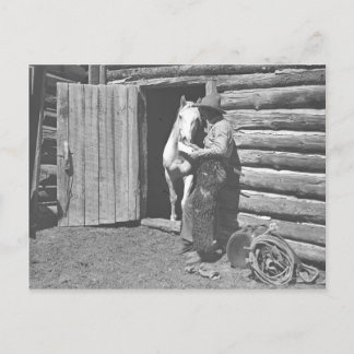 Cowboy reading a letter. postcard