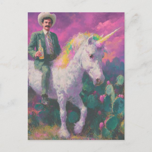 Cowboy Rides a Unicorn in the Desert Purple Skies Postcard (Front)