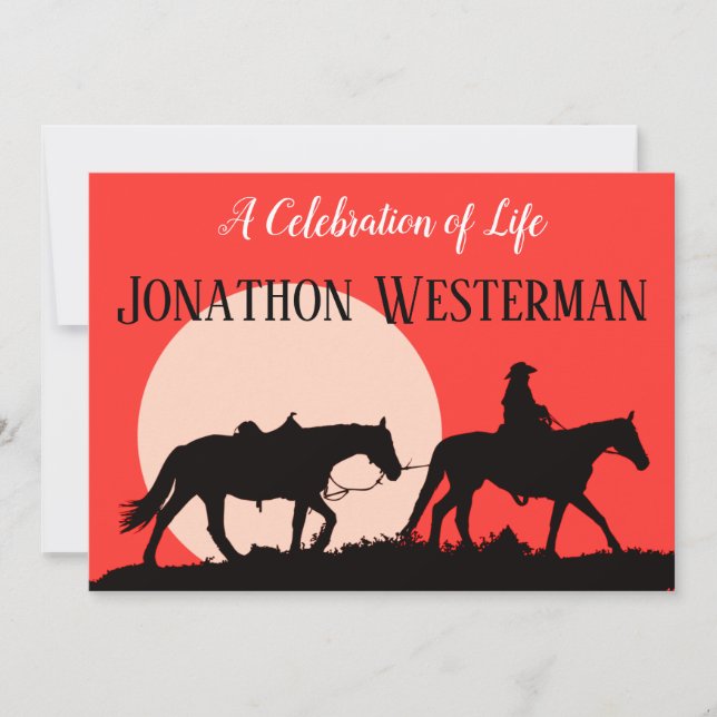 Cowboy Rides Horse at Sunset Celebration of Life Invitation (Front)
