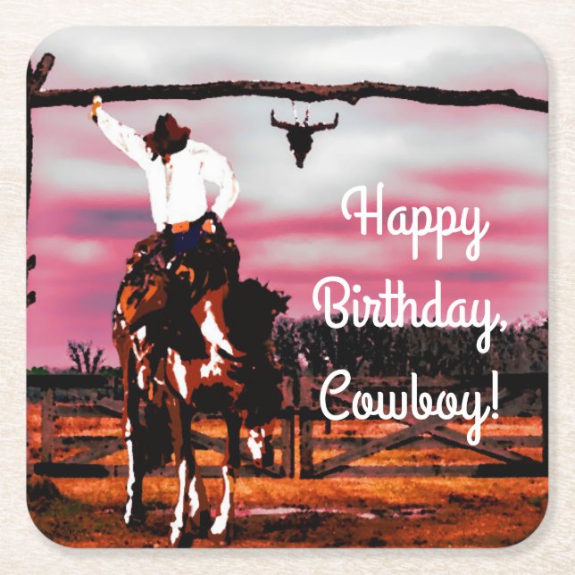 Cowboy Riding a Bronco Birthday Square Paper Coaster (Front)