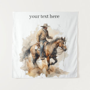 cowboy riding a brown horse, customisable tapestry
