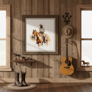 cowboy riding a brown horse too, customisable poster