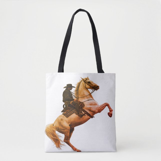 Cowboy Riding a White Horse on a Shoulder Tote Bag (Front)