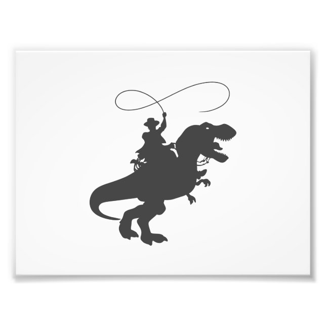 Cowboy riding dinosaur in the prehistoric era photo print (Front)