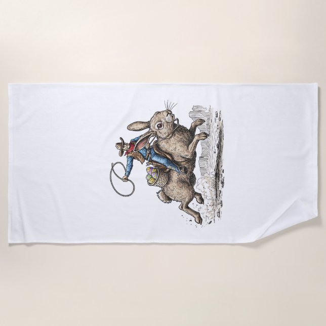 Cowboy Riding Easter Bunny Western Howdy Easter Fu Beach Towel (Front)
