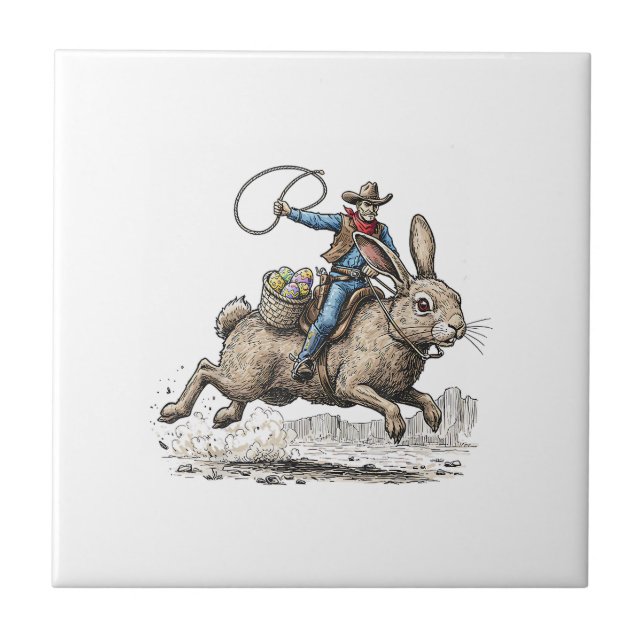 Cowboy Riding Easter Bunny Western Howdy Easter Fu Tile (Front)