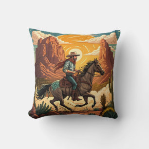 Cowboy Riding Horse at Sunset Cushion