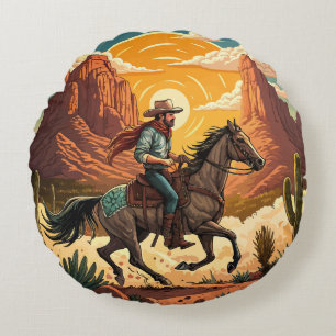 Cowboy Riding Horse at Sunset Round Cushion