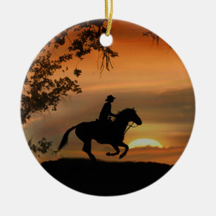 Cowboy Riding Horse in the Sunset Ceramic Tree Decoration