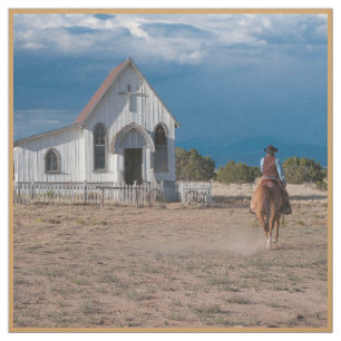 Cowboy Riding Horse To Church Print Fabric 9"