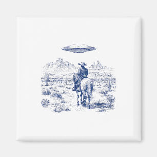 Cowboy Riding Horse Ufo Above Desert Cactus Wester Magnet