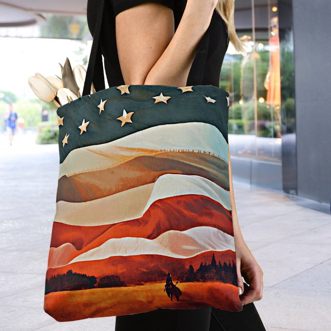 Cowboy Riding into Flag Sunset Tote Bag (Creator Uploaded)