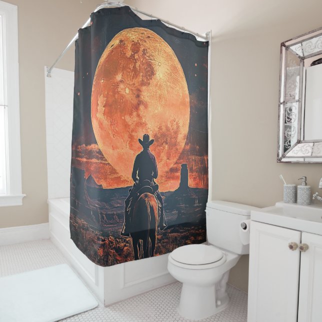Cowboy Riding Towards Orange Full Moon  Shower Curtain (In Situ)