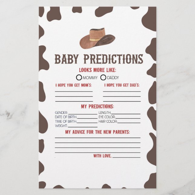 Cowboy Rodeo Baby Shower Predictions Activity Stationery (Front)
