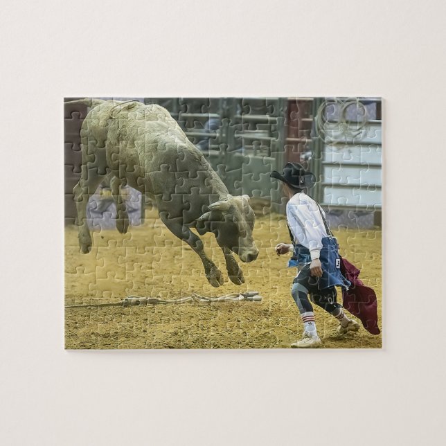 Cowboy Rodeo Clown Bull Distracting Western Sports Jigsaw Puzzle (Horizontal)