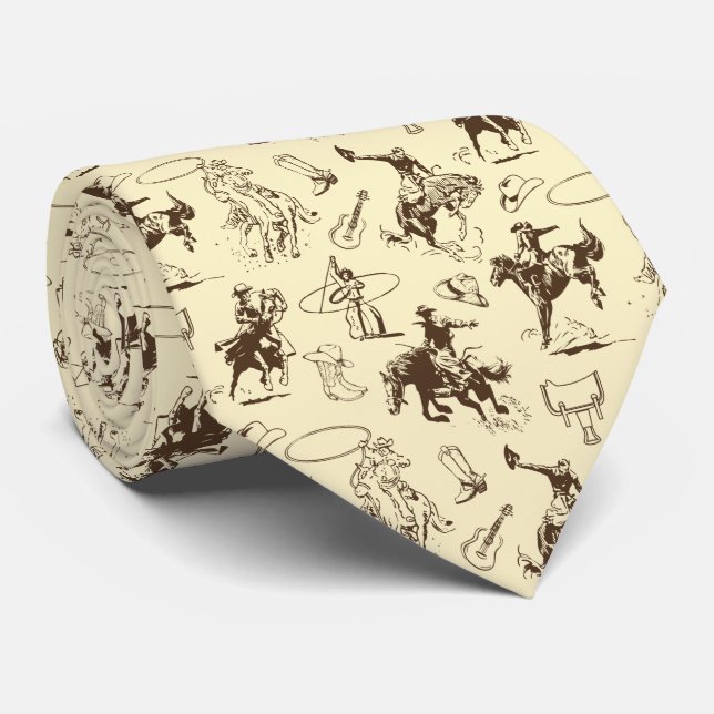 Cowboy Rodeo Western Horses Beige Brown Tie (Rolled)