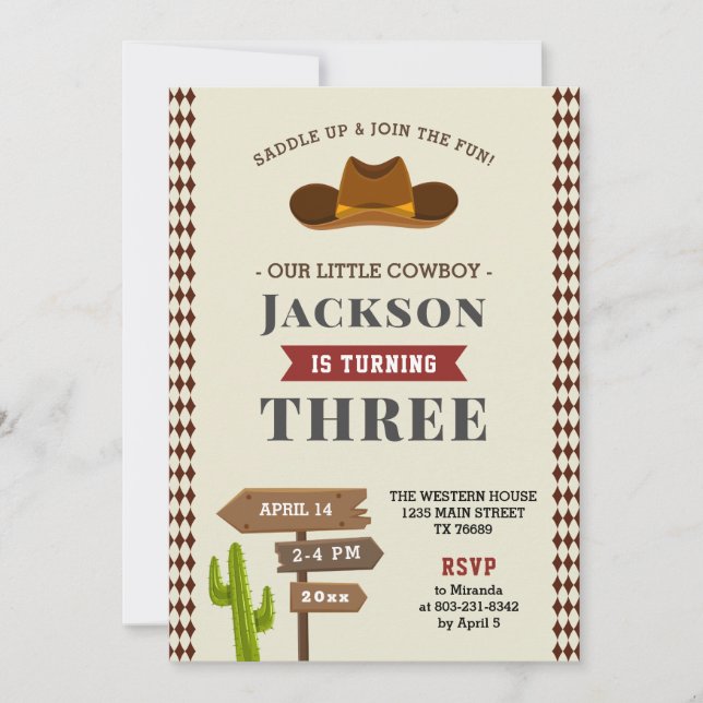 Cowboy Rodeo Western Saloon Kid Boy Birthday Party Invitation (Front)
