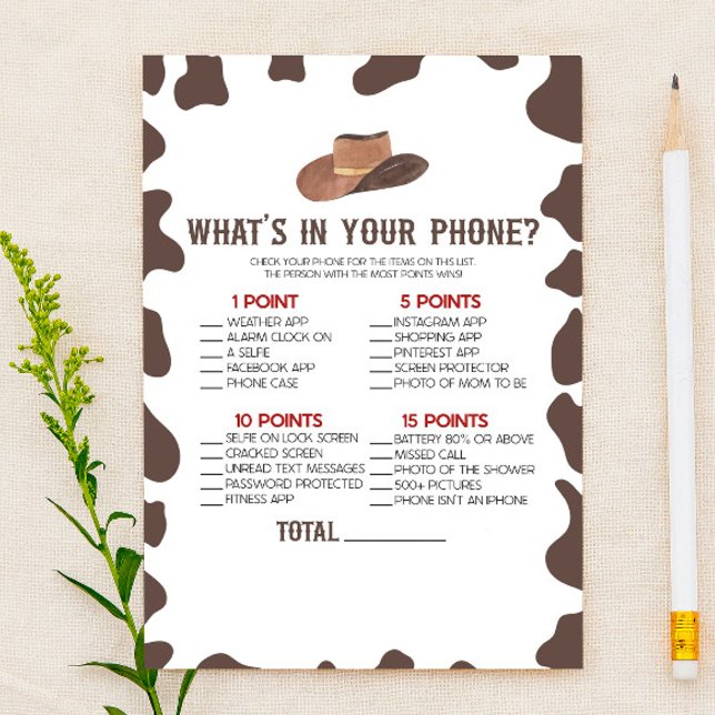 Cowboy Rodeo What's In Your Phone Baby Shower Game Stationery (Creator Uploaded)