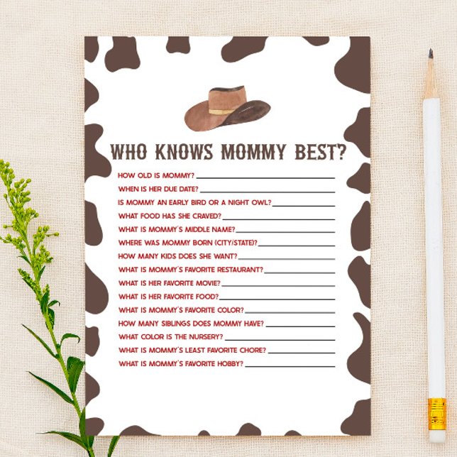 Cowboy Rodeo Who Knows Mummy Baby Shower Game Stationery (Creator Uploaded)