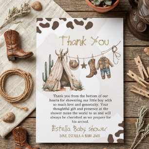 Cowboy rustic howdy Western watercolor baby shower Thank You Card