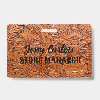 Cowboy Rustic Western Country Tooled Leather  ID Badge