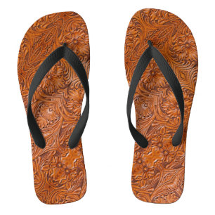 Cowboy Rustic western country tooled leather print Jandals