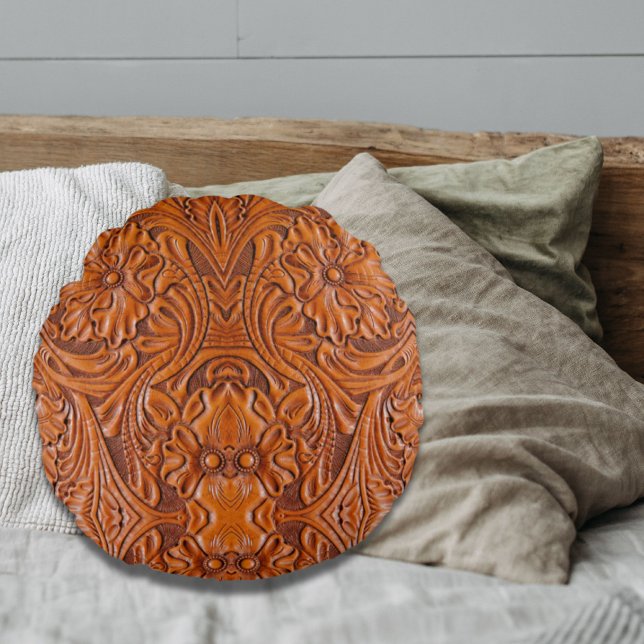 Cowboy Rustic western country tooled leather print Round Cushion (Cowboy Rustic western country tooled leather print Round Pillow)