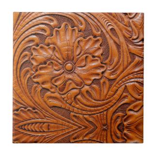 Cowboy Rustic western country tooled leather print Tile