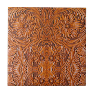 Cowboy Rustic western country tooled leather print Tile