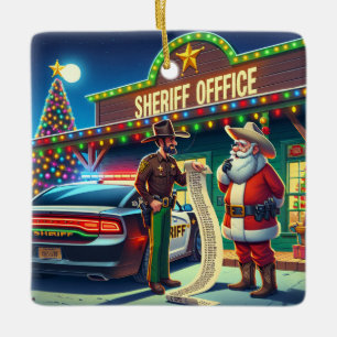 Cowboy Santa and Sheriff Looking At Naughty List Ceramic Ornament