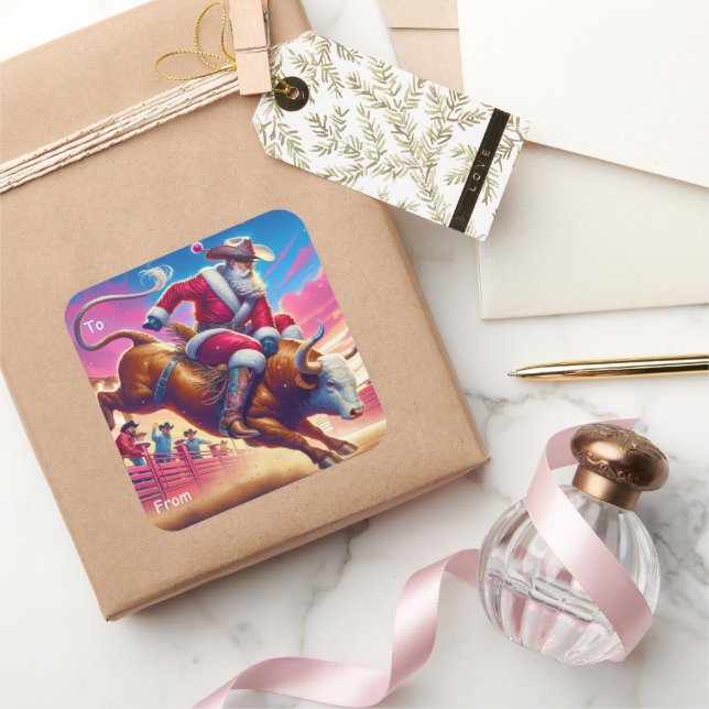 Cowboy Santa Bull Riding Gift Tag Sticker (Gifting)