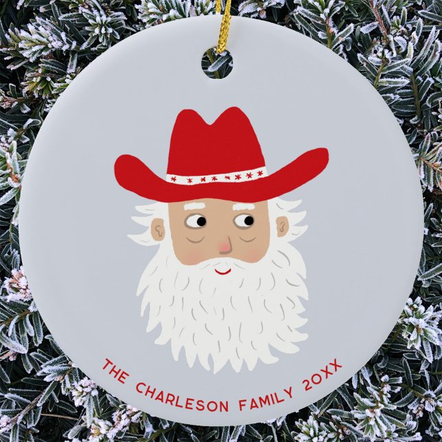 Cowboy Santa Claus Christmas Custom Text Ceramic Tree Decoration (Fun Cowboy Santa Claus Western themed Christmas Holiday ceramic ornament with custom text)