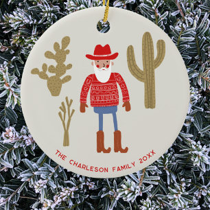 Cowboy Santa Claus Christmas Custom Text Ceramic Tree Decoration