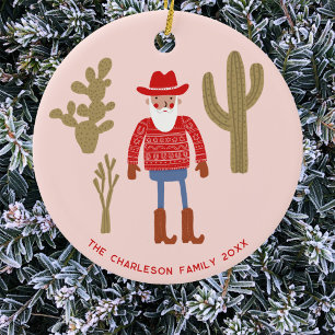 Cowboy Santa Claus Christmas Custom Text Ceramic Tree Decoration